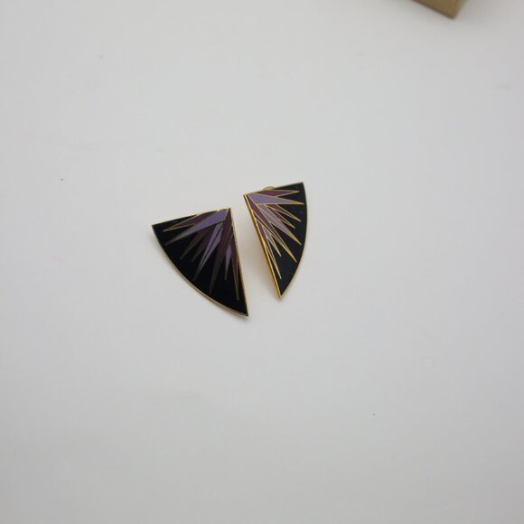 Vintage Isle of Skye Purple & Black Fan Earrings, Cloisonné Gold Plated Enamel - Picture 2 of 9